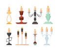 Candle holder. Vintage and modern candelabrum ancient fire lamp candlestick vector set