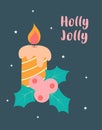 Candle and holly christmas card, vector illustration