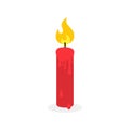 Candle icon. Wax candle with flame. Fire and light from candlelight. Red logo for memorial, christmas and church. Cartoon icon