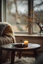 Candle Illuminates Table by Window Royalty Free Stock Photo