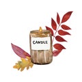 Watercolor candle illustration with autumn leaves.