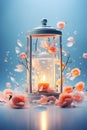 Candle lantern with floating rose petals and dynamic water droplets on a blue background. Still life concept photography Royalty Free Stock Photo