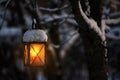 Candle lantern hanging from tree branch, bokeh winter background Royalty Free Stock Photo