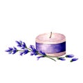 Candle with lavender flowers essential oil. Aromatherapy and spa elements. Watercolor hand drawn illustration. Isolated on white