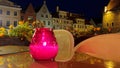 candle light cup street cafe tables people dinner pink light on table Lifestyle Travel Restaurant City Light Old Town Tallinn , Royalty Free Stock Photo