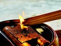 Candle light fire candlestick with burning joss stick incense for Buddhists devotion in shine or temple. Religion Royalty Free Stock Photo