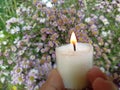 Candle light in hand on green and white purple flowers decoration background Royalty Free Stock Photo