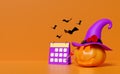 Candle light in pumpkin, 3d halloween pumpkin holiday party with arrow, calendar, marked date, bat, purple witch pointed hat