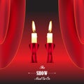 Candle light on red curtain background, The show must go on