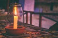 Candle light in romantic tropical old cafe Royalty Free Stock Photo