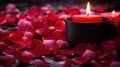 A candle lit in a black bowl surrounded by red petals, AI Royalty Free Stock Photo