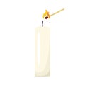 A candle that is lit with a burning match. A white wax or paraffin candle.