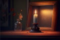 a candle is lit in a dark room with a framed picture and flowers in a vase on the table Royalty Free Stock Photo