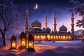 Candle-Lit Lanterns Casting Soft Glows on Freshly Fallen Snow: A Serene Mosque in the Background with Tranquil Beauty