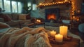 Candle-lit living room, soft textiles, fostering comfort, connection, and relaxation