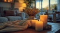 Candle-lit living room, soft textiles, fostering comfort, connection, and relaxation