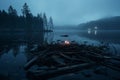 a candle is lit on a log in the middle of a lake