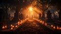 Candle lit pathway leading through a graveyard. Generative Ai.