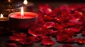 A candle lit in a red bowl with petals around it, AI Royalty Free Stock Photo