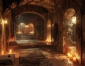 Candlelit stone arched spa with water feature and worn textured walls Royalty Free Stock Photo