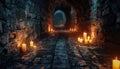 Candle-lit stone corridor in an ancient underground passageway Royalty Free Stock Photo