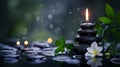 A candle lit on a stone with flowers and water, AI Royalty Free Stock Photo