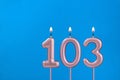 Candle number 103 - Birthday in blues foamy background