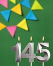 Candle number 145 birthday - Green anniversary card with pennants