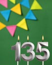 Candle number 135 birthday - Green anniversary card with pennants