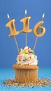 Candle number 116 - Cake birthday in blue background Royalty Free Stock Photo