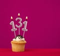 Candle number 131 - cupcake birthday in rhodamine red background Royalty Free Stock Photo