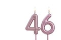 Candle number 46 - Lit birthday candle on white background