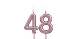 Candle number 48 - Lit birthday candle on white background