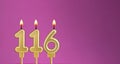 Candle number 116 in purple background - birthday card Royalty Free Stock Photo