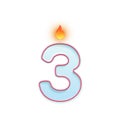 Candle number three. 3 symbol. Burning candle. Cartoon realistic vector candle number for Birthday cakes Royalty Free Stock Photo