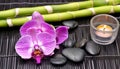 candle with orchids and lava stones