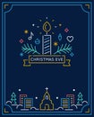 Candle and Ornaments, Winter Town and Church Outline. Christmas Eve Candlelight Service Invitation. Line Art Vector Royalty Free Stock Photo