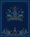 Candle and Ornaments, Winter Town and Church Outline. Christmas Eve Candlelight Service Invitation. Line Art Vector