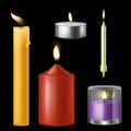 Candle realistic. Church and birthday, aroma and red romantic burning wax candles collection, 3d paraffin close up