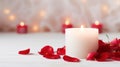 Candle and red rose petals on white background, AI Royalty Free Stock Photo