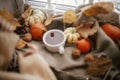 Candle reflected in warm cup of tea on cozy scarf with stylish pumpkins, fall leaves and sweater. Autumn hygge. Fall home decor.