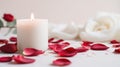 Candle and rose petals on white background, AI Royalty Free Stock Photo