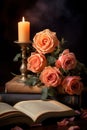 A candle and roses on a stack of books with candles, AI Royalty Free Stock Photo