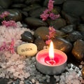 Candle, salt and stones. GlÃÂ¼ck - Luck - Relax and Enjoy Royalty Free Stock Photo