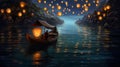 river celebration lamp night light lantern water festival travel boat. Generative AI.