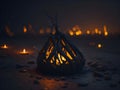 Candle in the shape of a wicker lamp on the beach.