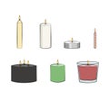 Candle simple illustrated set. Vector candles: long stick, jar, pillar candle, container candle, tealight, multi wick, party