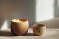 Candle and small ceramic cup on beige table with shallow depth of field soft autumn light minimal composition Royalty Free Stock Photo