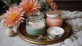 a candle and some flowers on a tray on a table