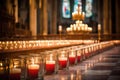 candle stand with votive candles inside an empty church